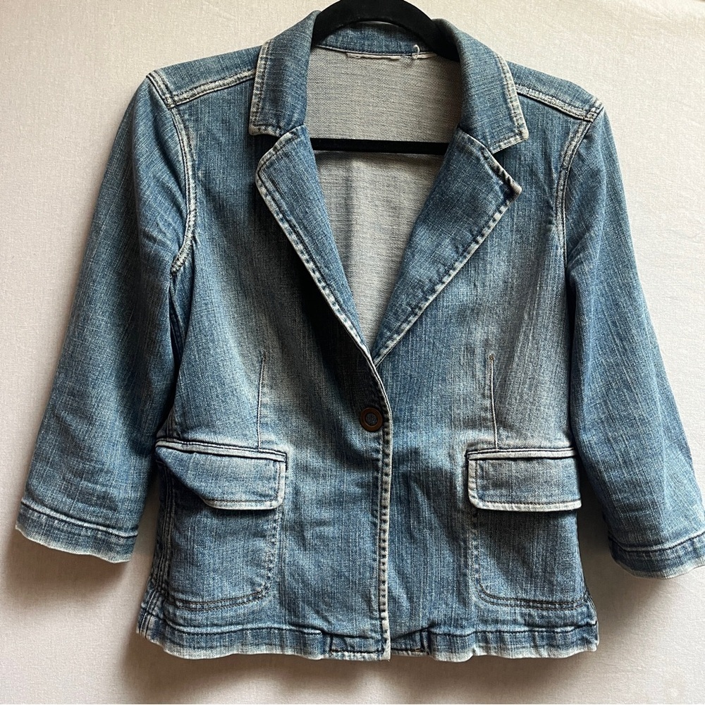 Tailored Denim 3/4 Sleeve Blazer Jacket Structured Blue S